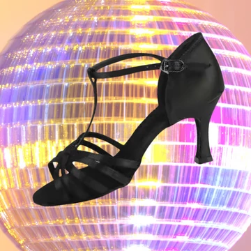 Belmove SACLA-75T fekete női salsa cipő 7,5 cm sarokkal, nyitott orrú, T-pántos és ötpántos kialakítással.